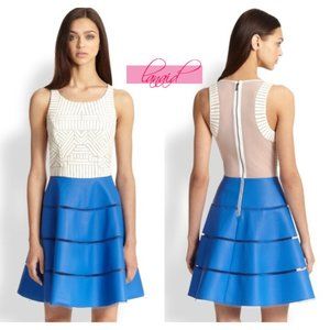 Sachin + Babi Walker Fit & Flare Dress Blue Aster Ivory Skater Faux Leather Mesh